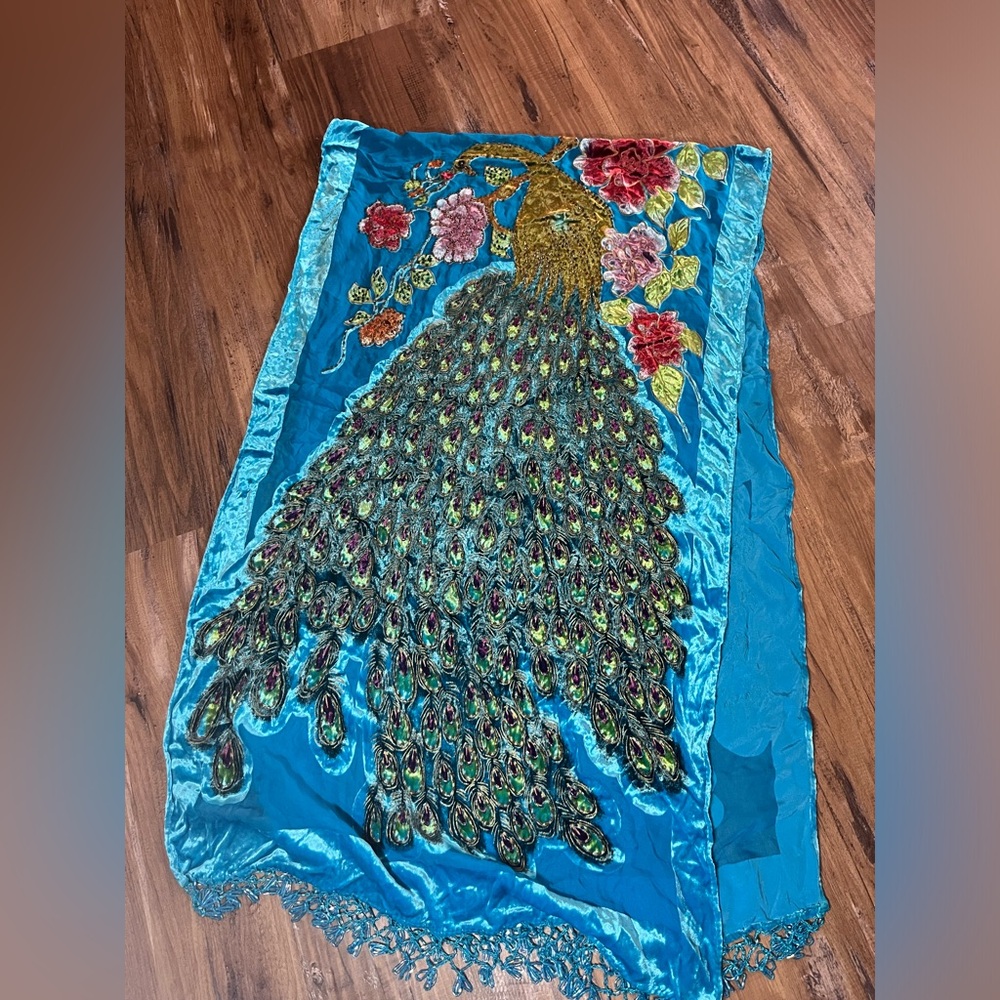 VTG Panne Silk Scarf Beaded Crushed Velvet Shawl Peacock Turquoise Floral Wrap - Picture 3 of 11